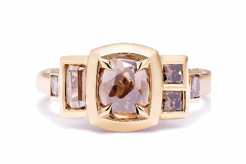Chocolate diamond cluster ring with rose cut, baguette and princess cut diamonds in 18k yellow gold